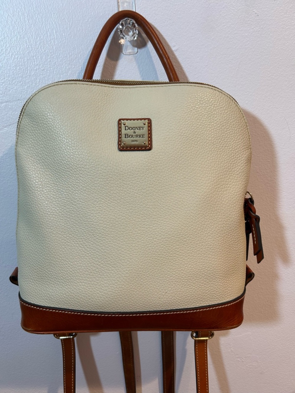 Dooney & Bourke Pebble Grain Zip Pod Backpack Ivory with Saddle Trim